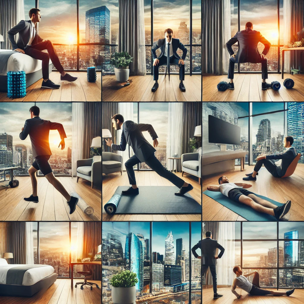 A collage of images featuring a business professional performing various workouts in a modern hotel room with a cityscape view.