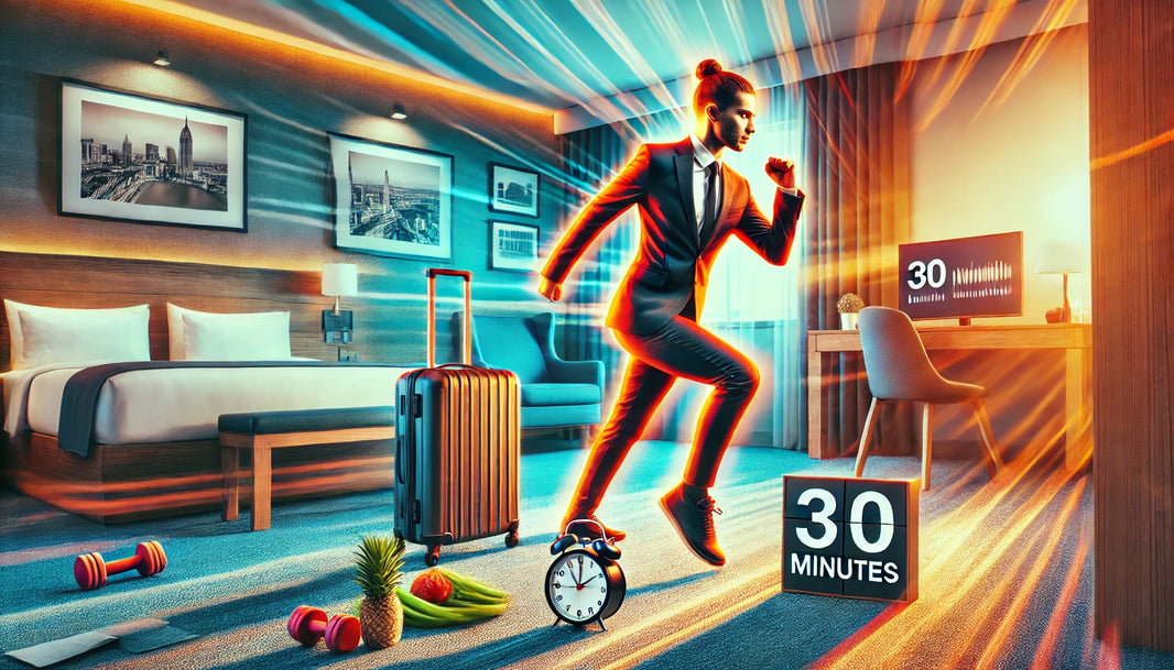 Traveling professional performing high-intensity exercises like squats, lunges, and planks in a hotel room, emphasizing the effectiveness of 30-minute workouts with minimal equipment and travel essentials like a suitcase.