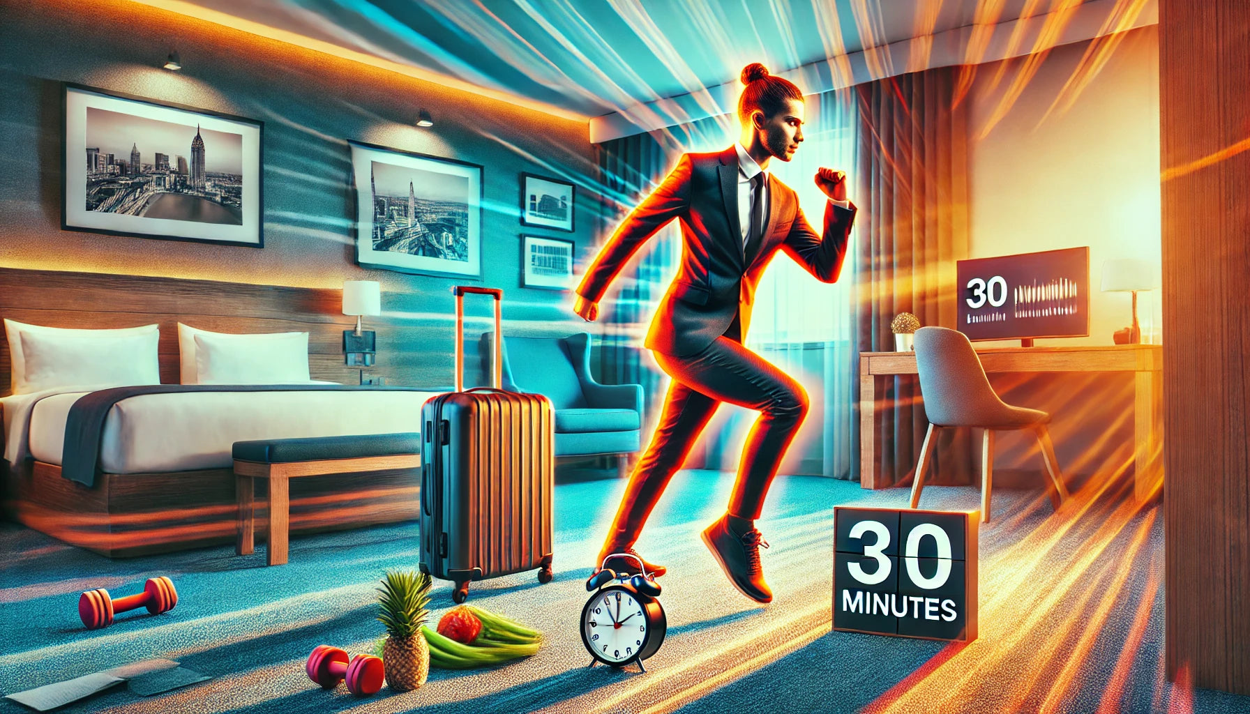 Traveling professional performing high-intensity exercises like squats, lunges, and planks in a hotel room, emphasizing the effectiveness of 30-minute workouts with minimal equipment and travel essentials like a suitcase.