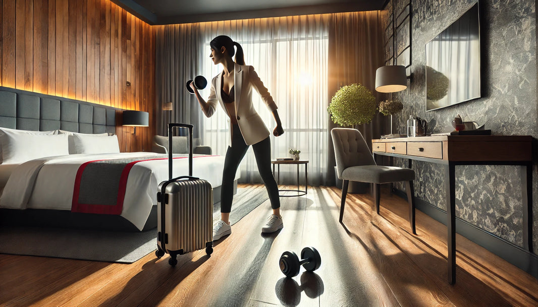 A traveling professional, such as a flight attendant or travel nurse, performing a 30-minute dumbbell workout in a stylish, compact hotel room with a neatly made bed, small table, and suitcase in the corner.
