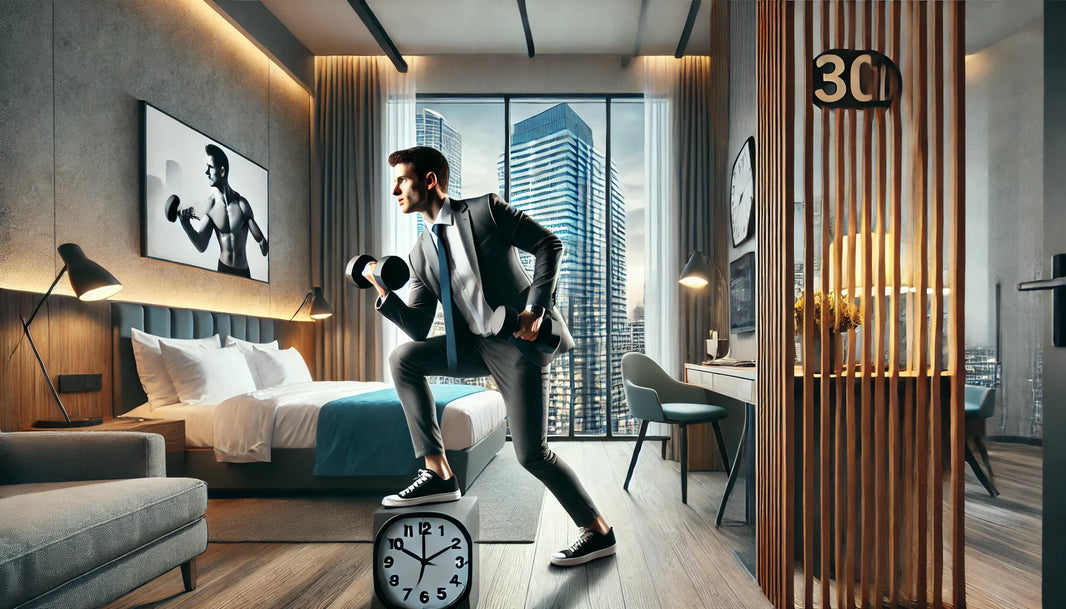 Professional performing a 30-minute workout with dumbbells in a modern hotel room, with minimalistic decor and a cityscape view, showcasing the theme of staying fit while traveling.
