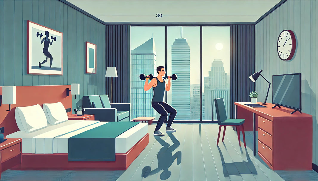 Busy professional performing a 30-minute workout in a modern, compact hotel room, doing lunges with dumbbells.