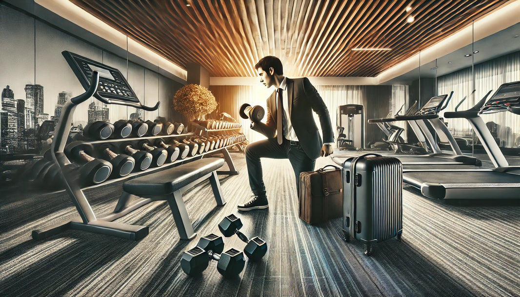 A traveling professional working out in a hotel gym, showcasing various equipment such as dumbbells, a treadmill, and a bench.