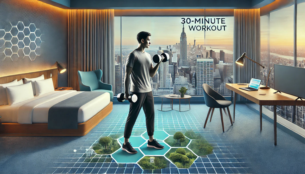 A fit individual performing a dumbbell workout in a modern hotel room, capturing the essence of an efficient 30-minute workout for travel enthusiasts.