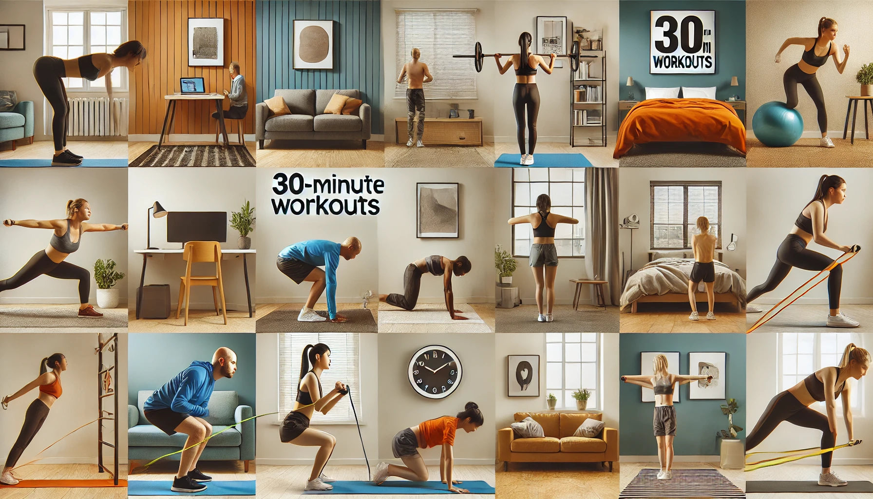 Diverse individuals performing various workouts in small spaces like hotel rooms, apartments, and offices, demonstrating how to achieve fitness goals with 30-minute workouts suitable for tight schedules and minimal space.