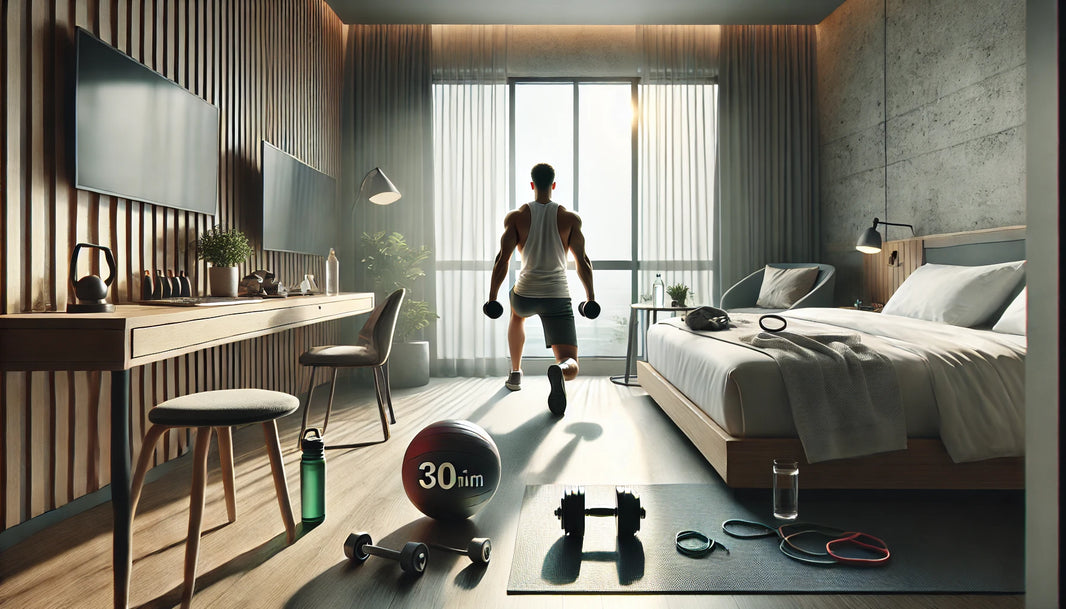 Person performing a 30-minute workout in a small hotel room, using dumbbells and a yoga mat. The room is clean and minimalistic with a bed and small table pushed to the side.