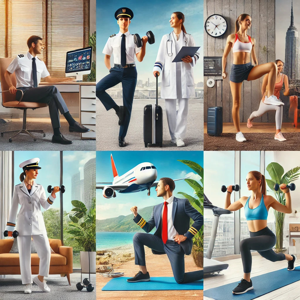 A diverse group of busy professionals, including a pilot, a flight attendant, and a travel nurse, performing various exercises with minimal equipment like dumbbells, resistance bands, and yoga mats.