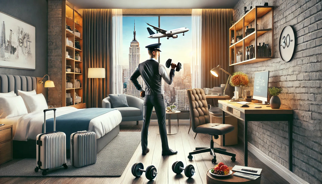 A flight attendant working out in a small hotel room with dumbbells. The room is cozy with a bed, desk, and a window showing a city view.