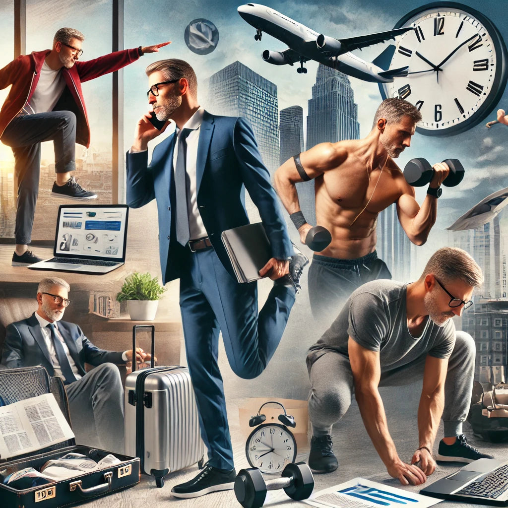 A dynamic collage featuring a busy professional man over 50 performing various workouts throughout the day, including morning stretching in a hotel room, a quick jog during lunch break, and evening strength training with dumbbells at home.