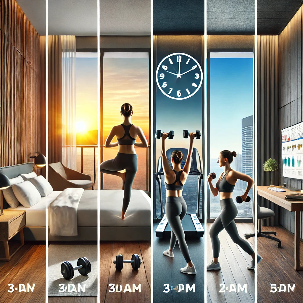 Travel professional performing various workouts in a modern hotel room throughout the day: morning yoga with a sunrise view, afternoon dumbbell exercises, and nighttime cardio, showcasing 24/7 fitness flexibility.