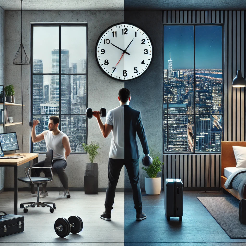 A busy professional performing a dumbbell workout in a modern hotel room with minimalistic decor.