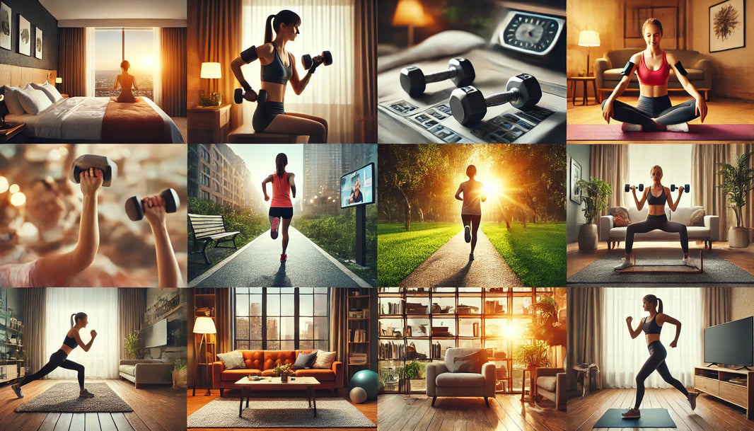 A collage of scenes showing different workouts throughout the day. Includes a morning workout with dumbbells in a hotel room, an afternoon jog in a park, an evening yoga session in a cozy living room, and a night stretching routine.