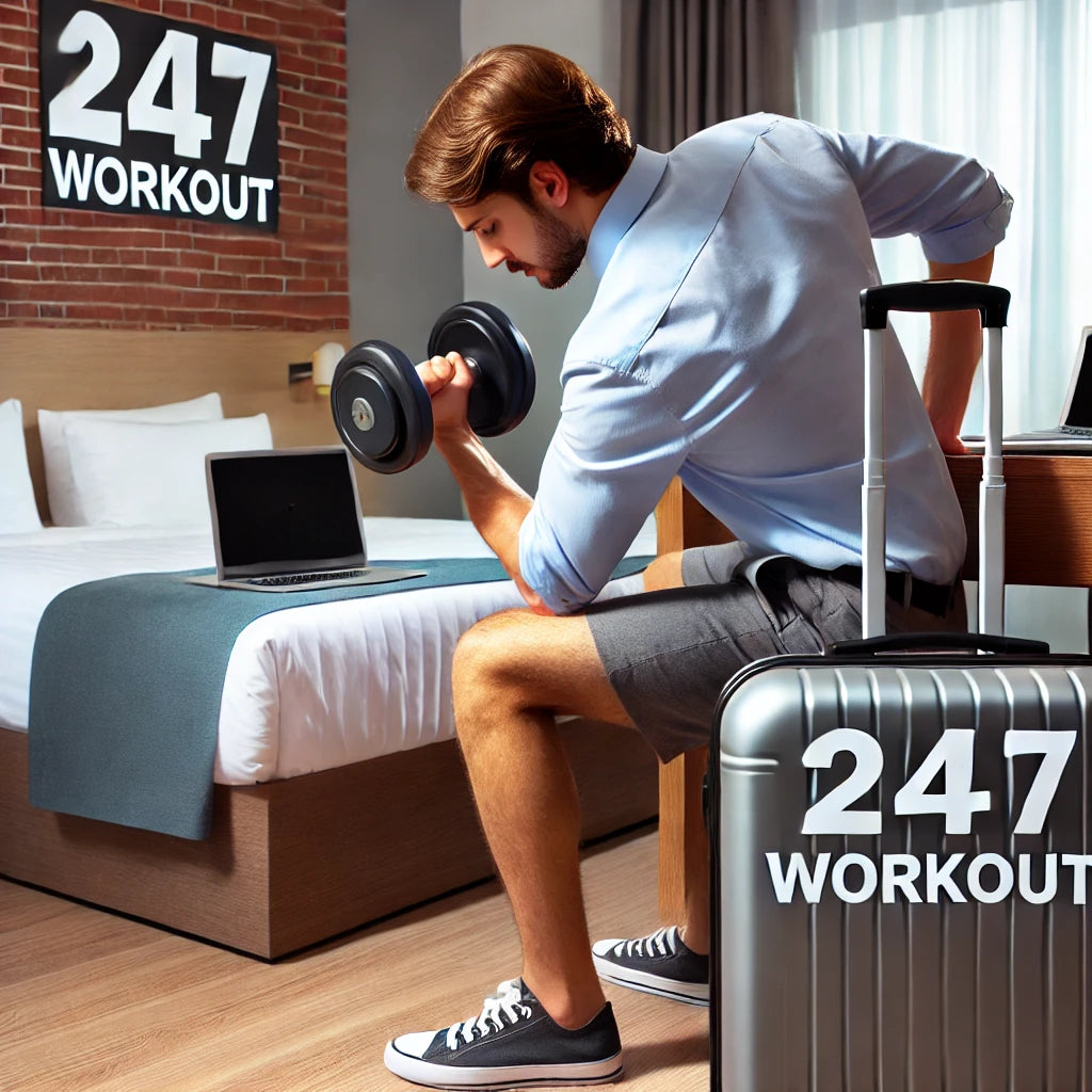 A busy professional performing a bicep curl with a dumbbell in a small hotel room, showcasing the convenience of 24/7 workouts.