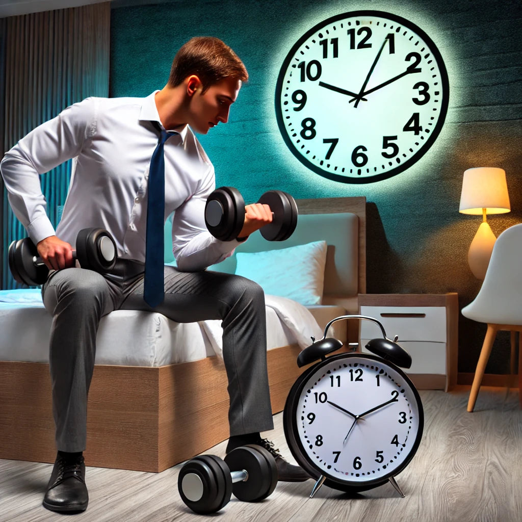 A busy professional performing a dumbbell workout in a modern hotel room at night, highlighting 24/7 fitness options for those with unpredictable schedules.