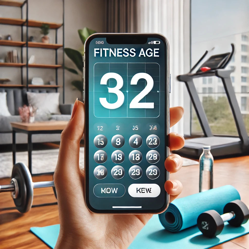 Person using a fitness age calculator on a smartphone in a hotel room, with dumbbells and a yoga mat in the background, creating a motivating environment for a workout.