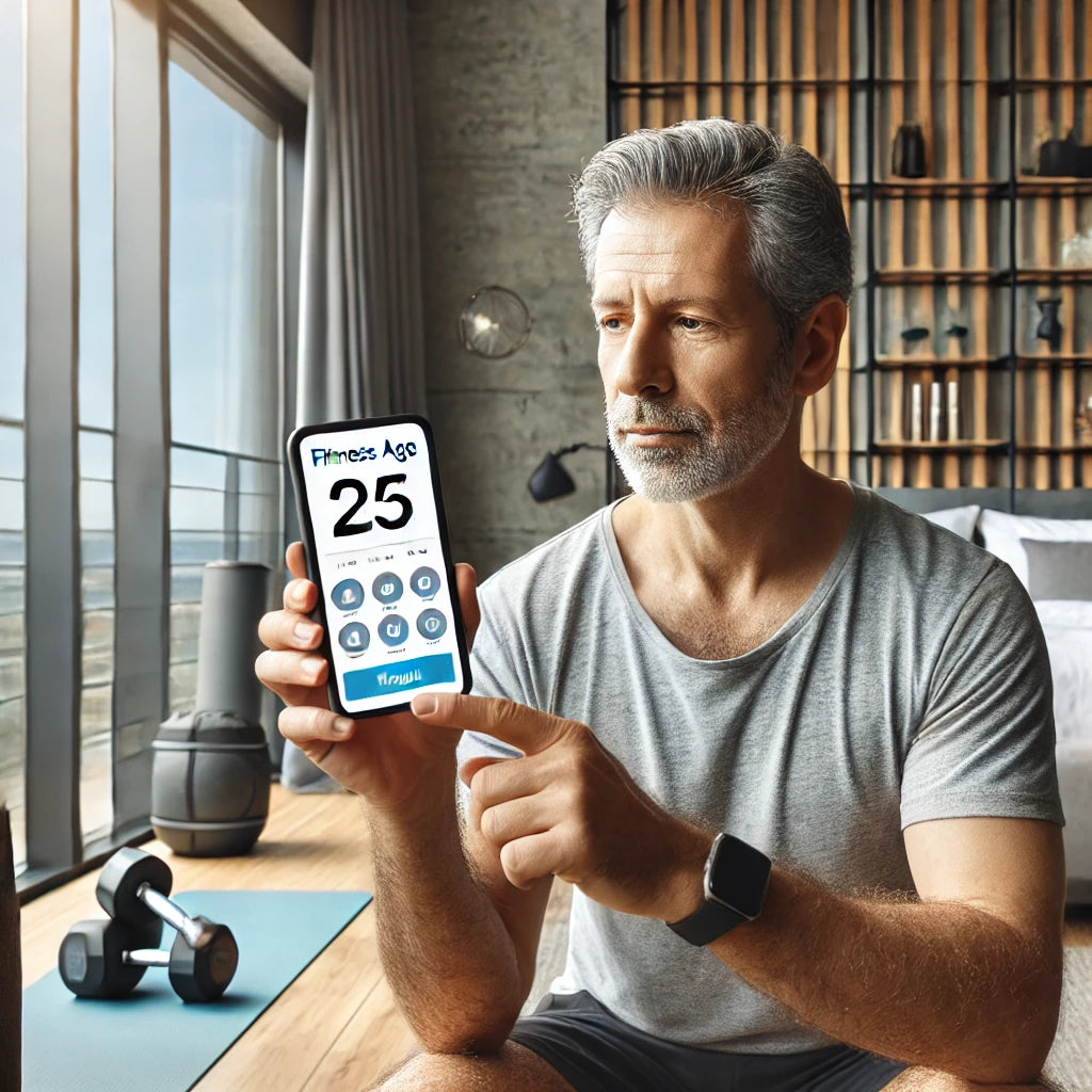 Middle-aged man using a fitness age calculator app on his smartphone in a modern, well-lit hotel room with a small workout area, including dumbbells and a yoga mat, illustrating a personalized fitness journey.