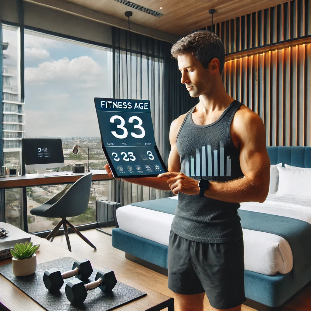 Traveling professional using a fitness age calculator on a tablet in a modern hotel room with a small exercise area, including dumbbells and a yoga mat, focused on optimizing their workout routine.