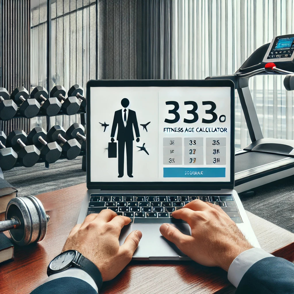 A traveling professional, such as a flight attendant, uses a laptop to access a fitness age calculator in a modern, well-lit hotel gym with dumbbells and a small workout area.