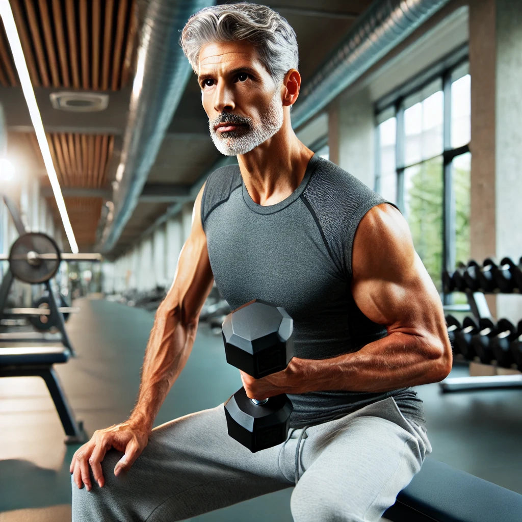 A fit man in his 50s performing strength training with dumbbells in a modern, well-lit gym, emphasizing strength, health, and vitality.