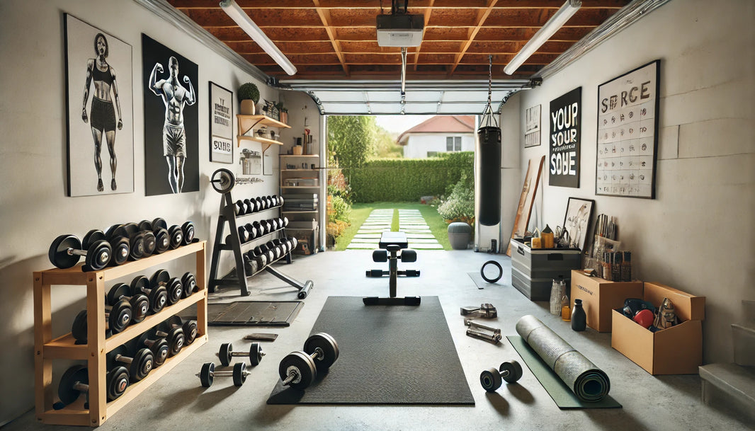 A well-organized garage transformed into a fitness zone, featuring dumbbells, a weight bench, a yoga mat, and other essential gym equipment.