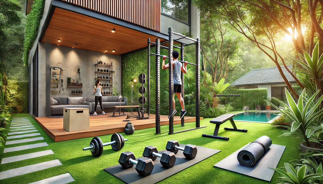 A vibrant backyard fitness zone with various exercise equipment, including dumbbells, a pull-up bar, and a yoga mat.