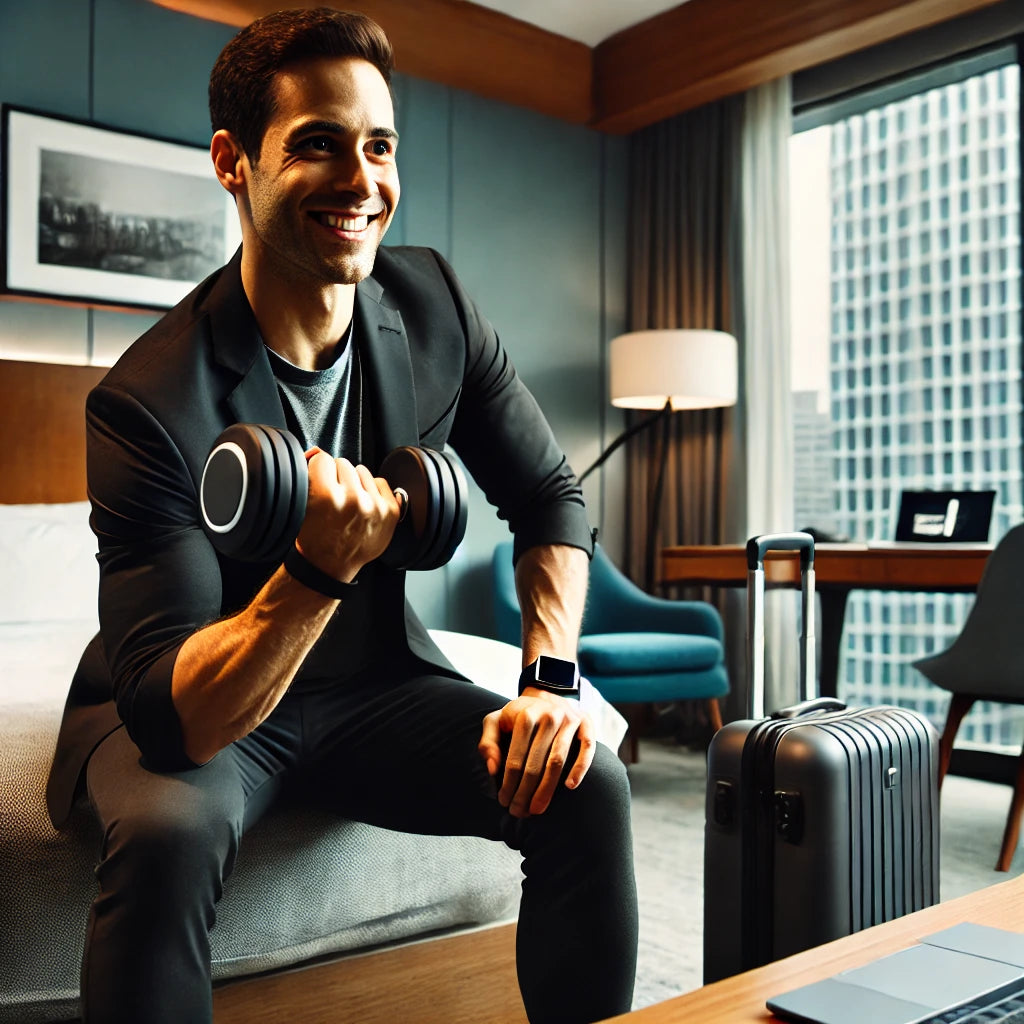 A professional in a modern hotel room, smiling while using dumbbells for a workout.