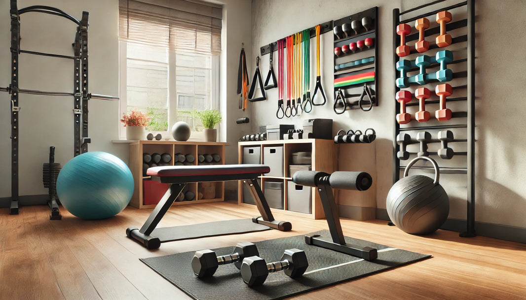 Neatly organized home gym with essential fitness equipment including colorful dumbbells, resistance bands on the wall, a yoga mat, stability ball, and compact bench, well-lit with natural light and modern design.