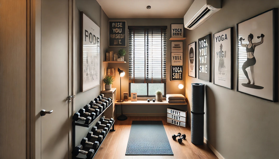 A cozy corner in a small apartment transformed into a dedicated fitness zone, featuring a set of dumbbells, a yoga mat, and motivational posters on the wall.
