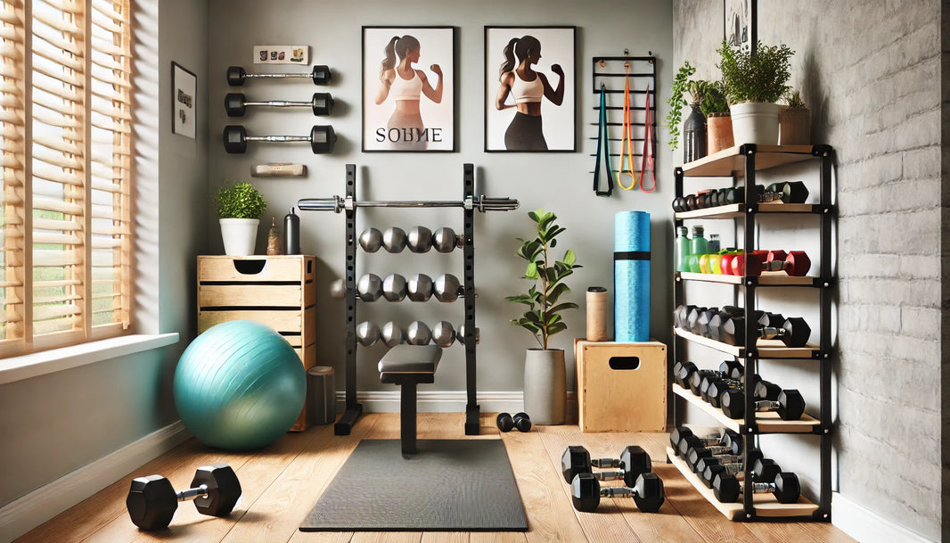 Small home gym setup with dumbbells, yoga mat, stability ball, and resistance bands in a bright, clean space with motivational posters and a potted plant.