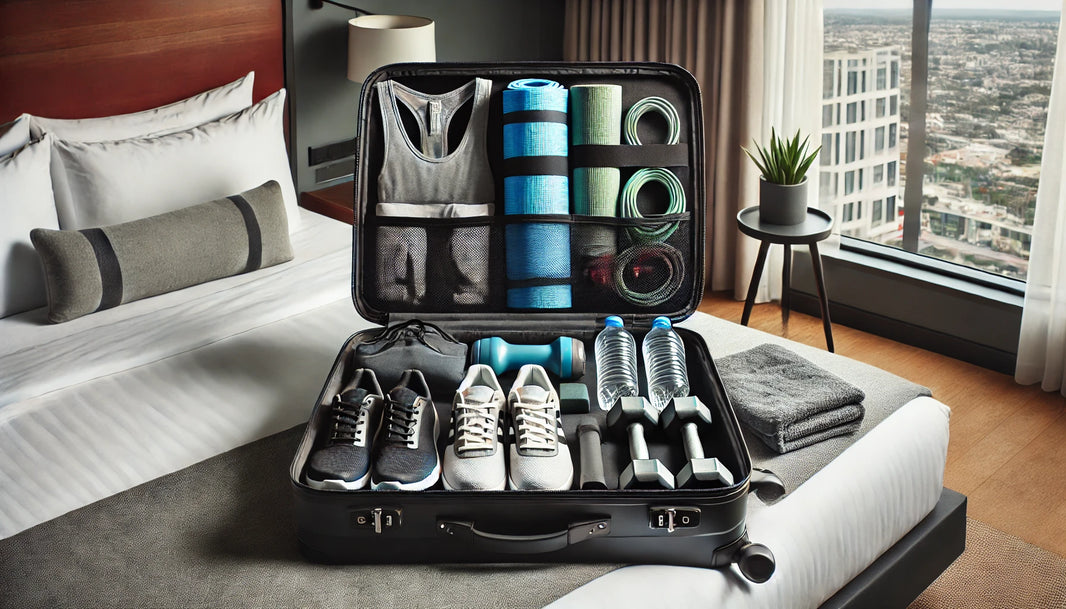 Open suitcase on a hotel bed with workout essentials including dumbbells, resistance bands, a yoga mat, athletic shoes, a water bottle, a towel, and workout clothes.
