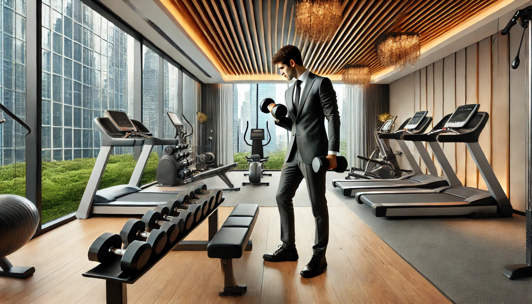Business traveler in workout gear performing a dumbbell exercise in a modern hotel fitness room with various equipment, large windows showing a cityscape, clean and well-lit environment.