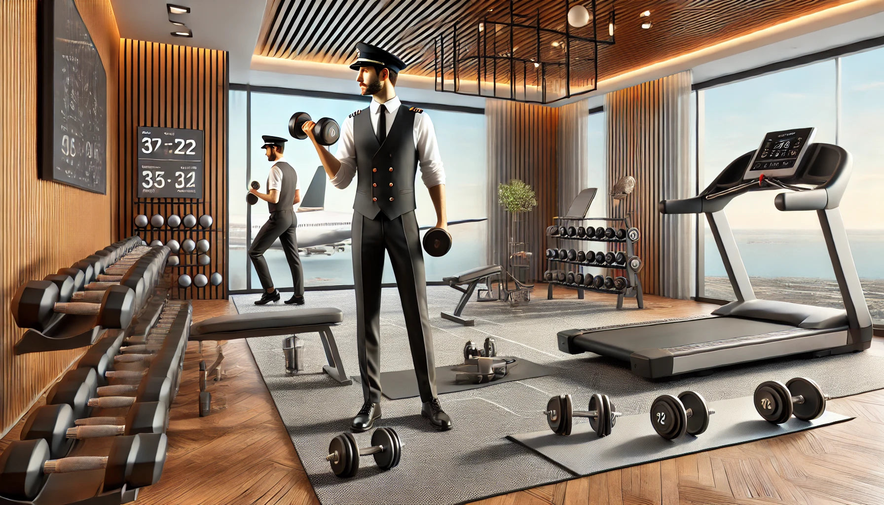 A traveling professional performs a workout routine in a modern hotel fitness room with dumbbells, a treadmill, and a yoga mat, surrounded by a well-lit and organized space.