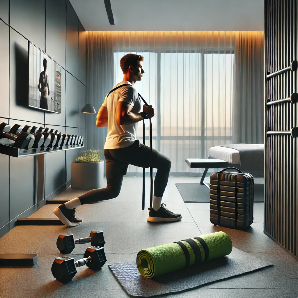 Professional traveler performing a full-body workout routine in a compact, modern hotel gym with minimal equipment like dumbbells, resistance bands, and a yoga mat.