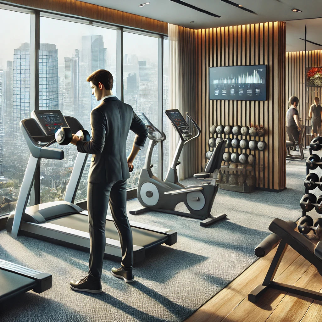 A busy professional working out with dumbbells in a well-equipped hotel fitness room, featuring various exercise machines and a view of a cityscape through large windows.