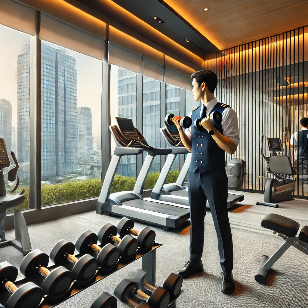A modern hotel fitness room with various equipment including dumbbells, treadmills, and exercise machines.