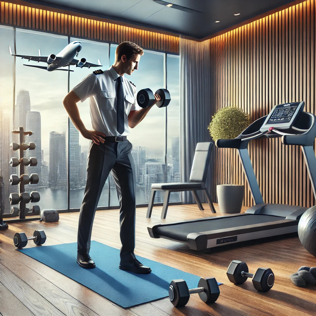 Professional, such as a pilot, performing a dumbbell workout in a modern hotel fitness room with various equipment including a treadmill and yoga mat, well-lit with large windows showing a cityscape.
