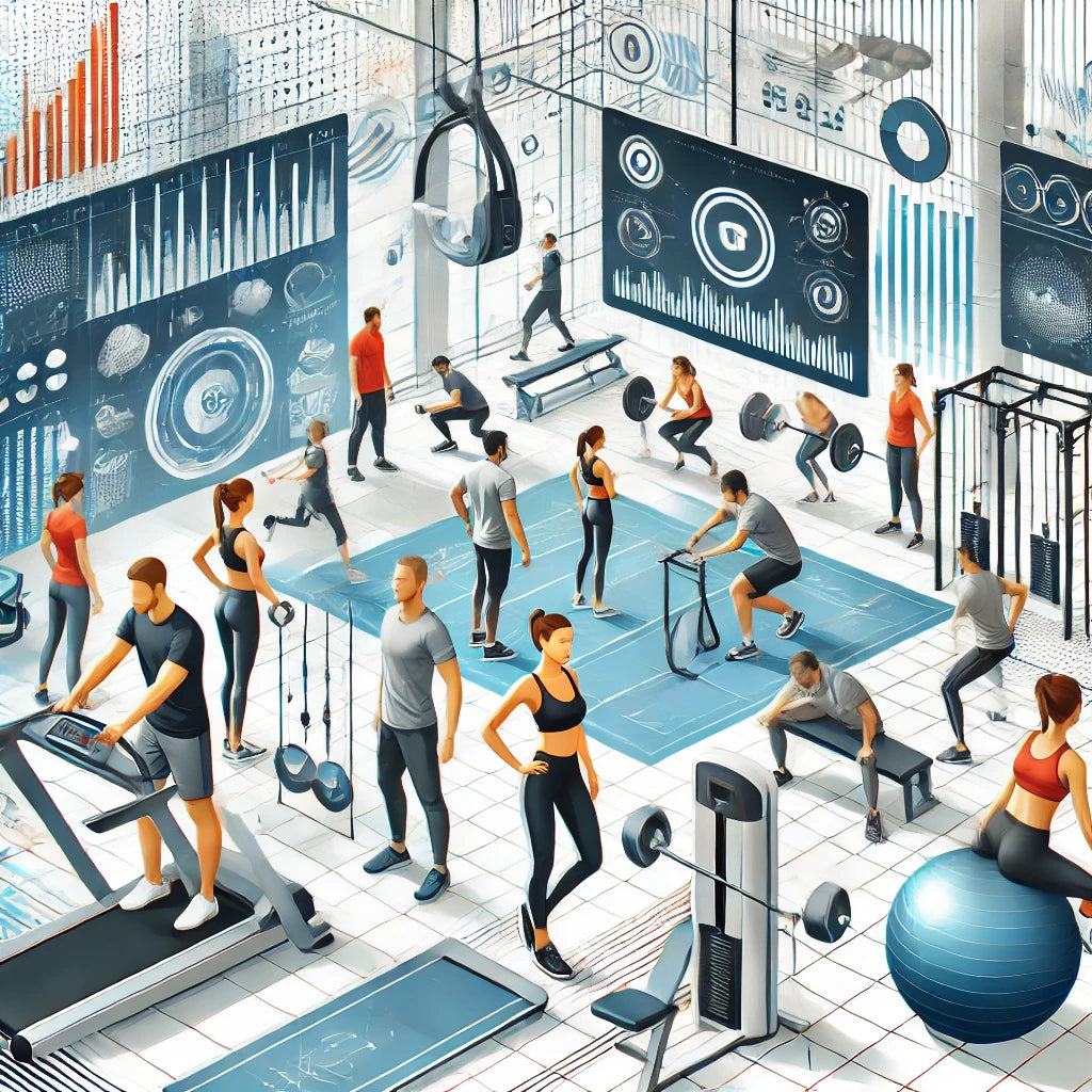 Modern fitness center with people engaging in innovative workout programs including virtual reality fitness classes, interactive exercise equipment, and group sessions with dynamic instructors.