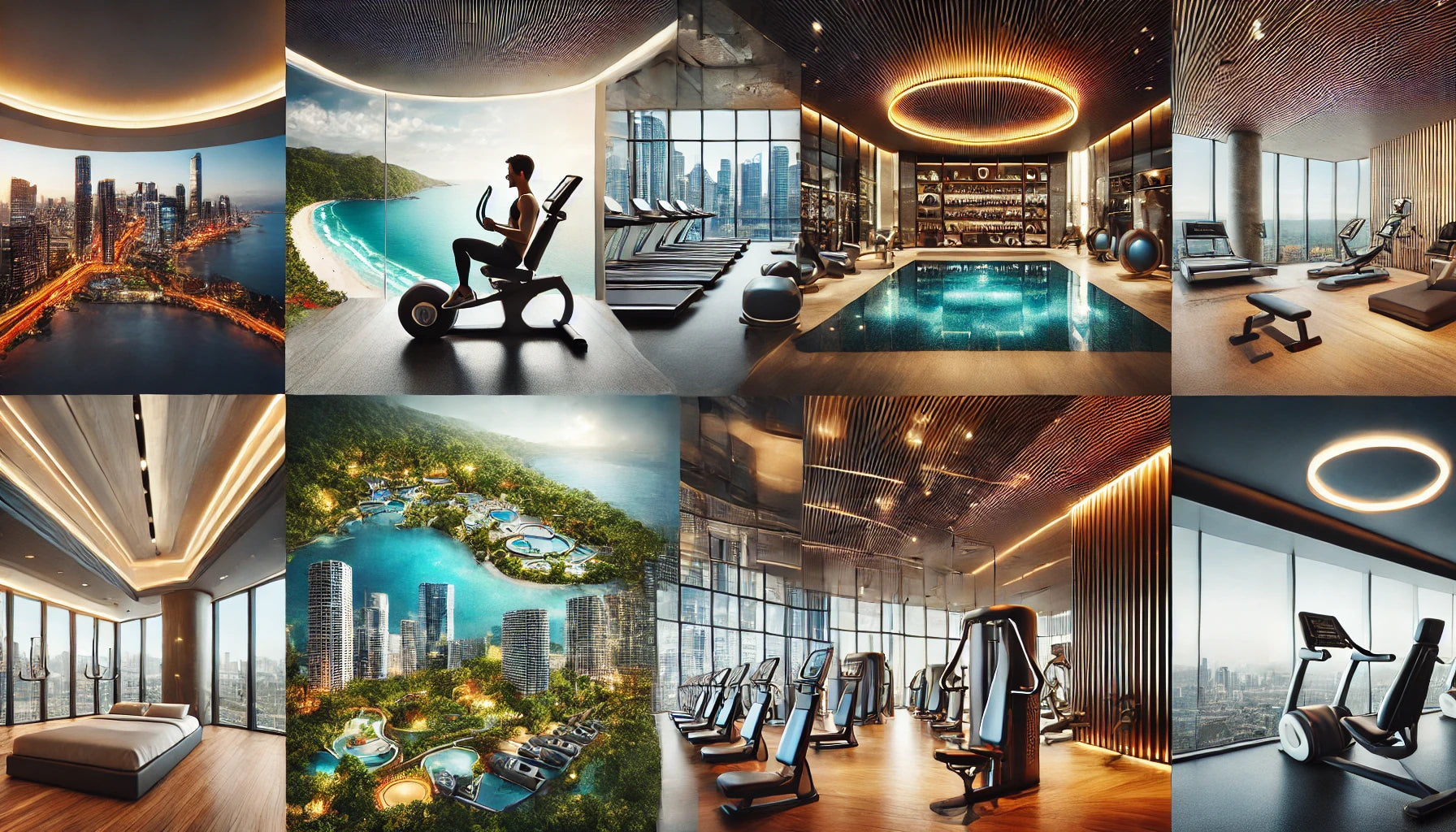 Collage of top fitness centers around the world, featuring modern state-of-the-art equipment, luxurious interiors, and breathtaking views.