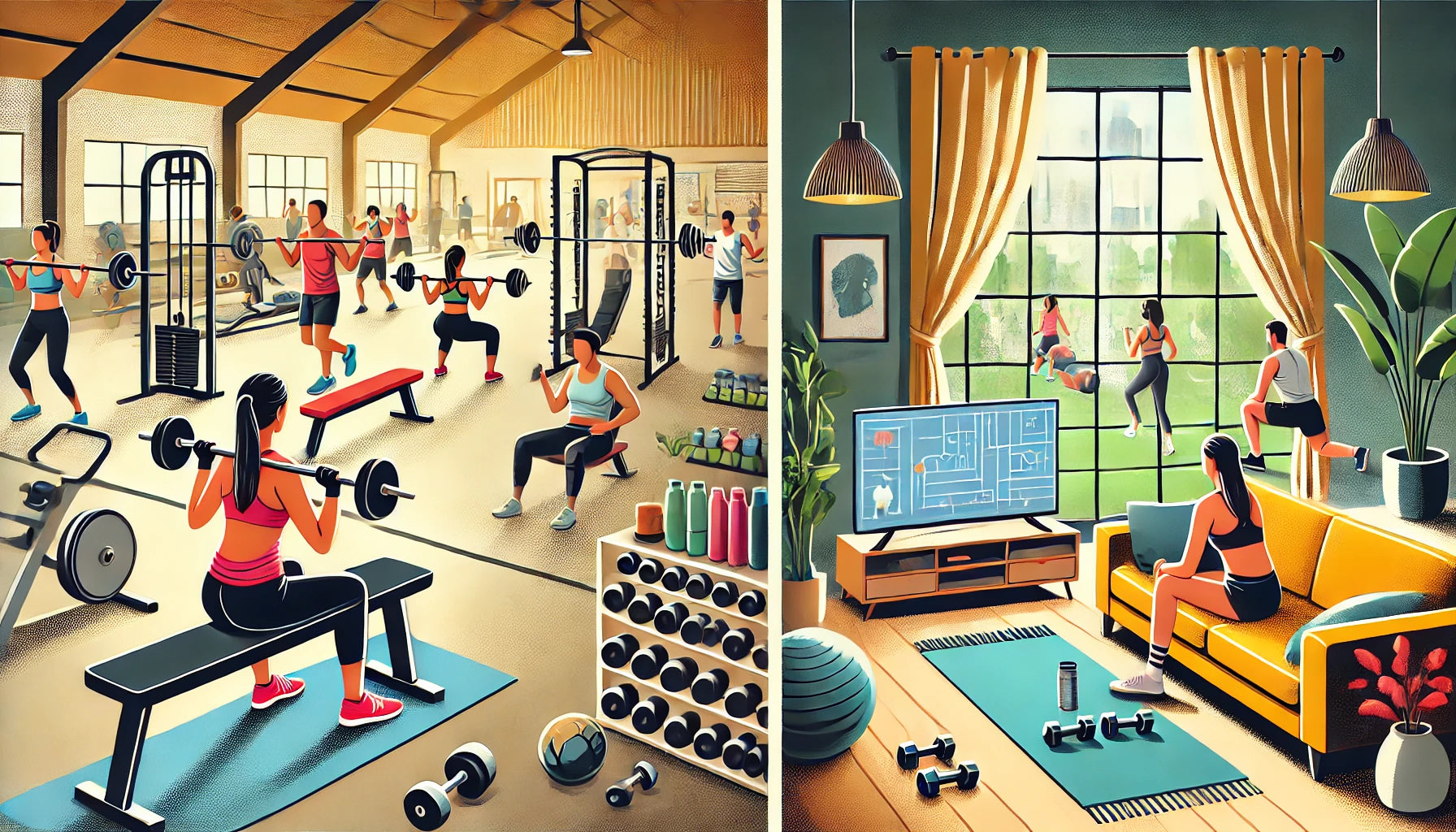 A split-screen image comparing a vibrant, well-equipped local fitness center with people using gym equipment and participating in a group class, and a cozy home workout setting with a person exercising with dumbbells and a yoga mat in a living room.