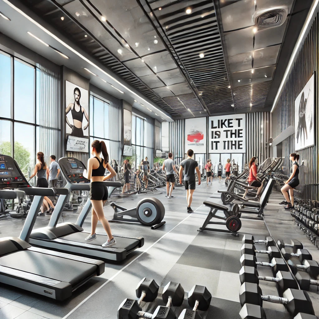A modern fitness center featuring a variety of equipment, including treadmills, dumbbells, and weight machines.