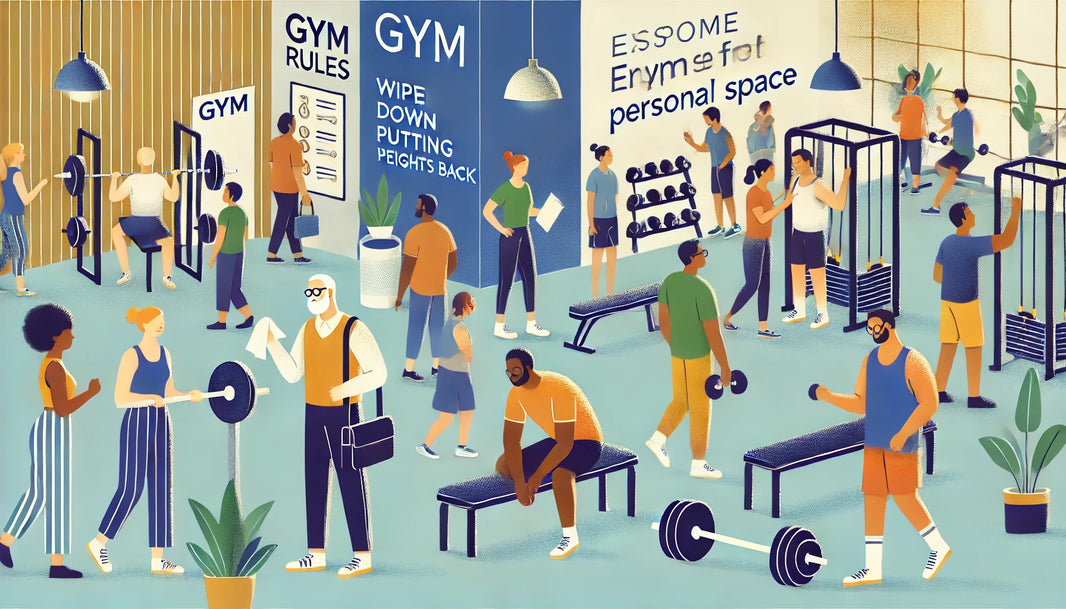 A welcoming and modern fitness center with diverse members practicing proper gym etiquette.