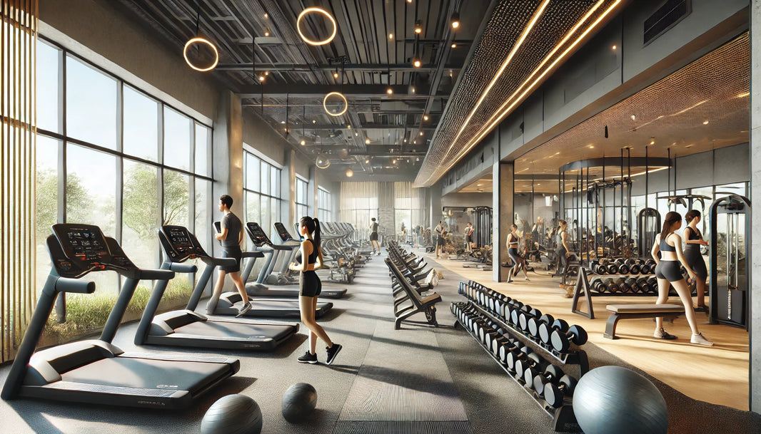 Modern high-quality fitness center with state-of-the-art equipment, including advanced treadmills, weight machines, free weights, and a well-organized layout.