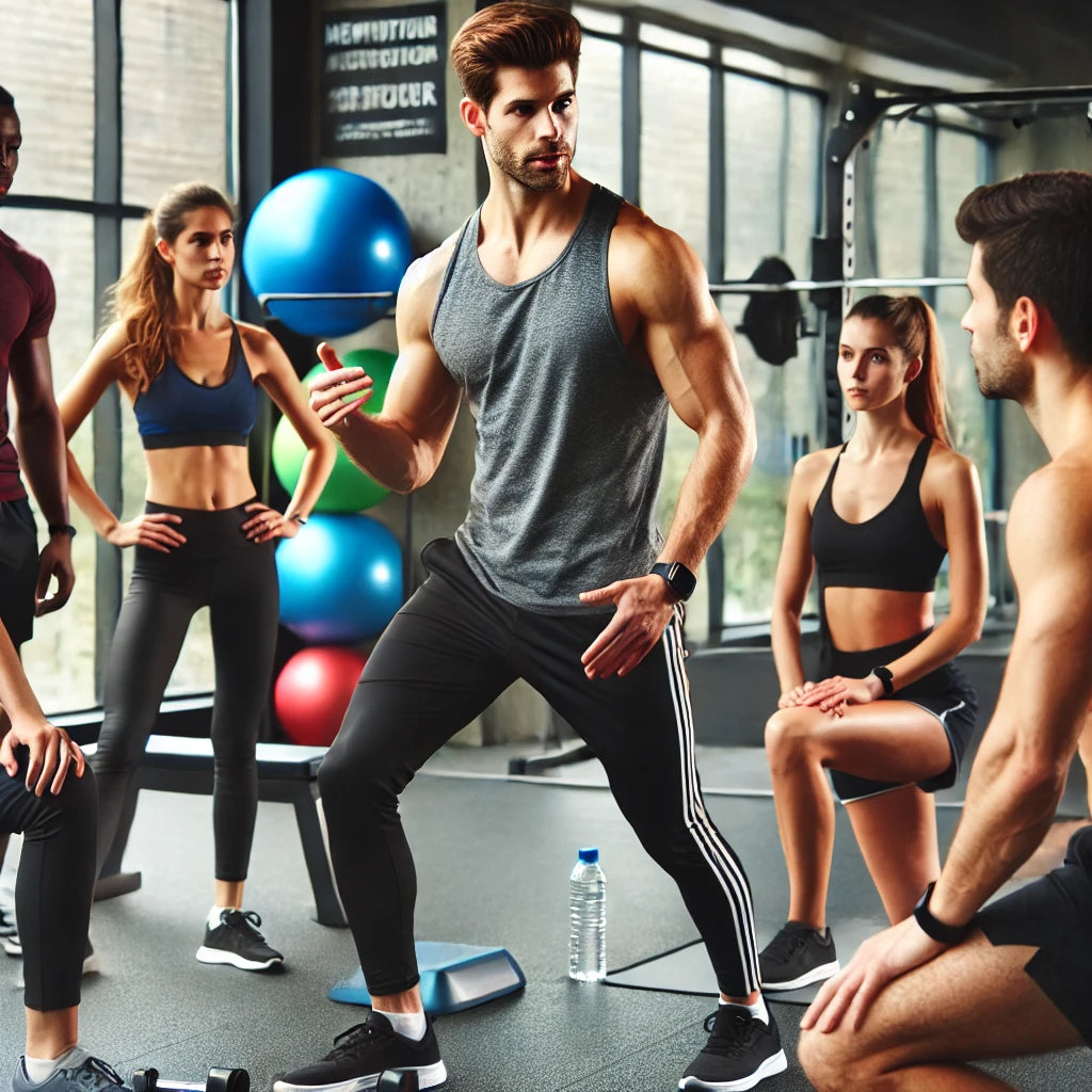 A professional fitness trainer in a modern gym demonstrating a workout tip to a group of engaged adults with various gym equipment in the background.