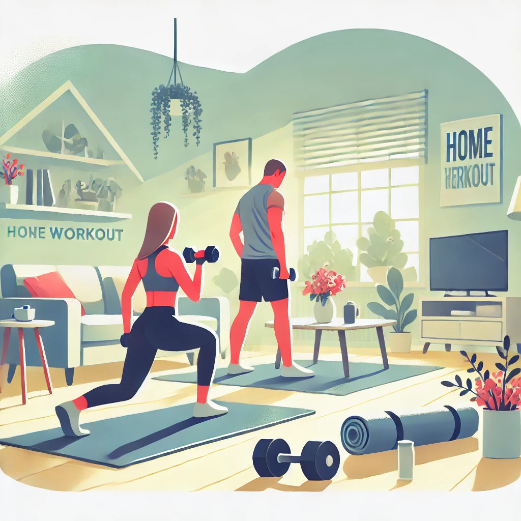 Fitness professional demonstrating a strength training routine at home with dumbbells and a yoga mat in a cozy living room, highlighting the ease and effectiveness of home workouts.
