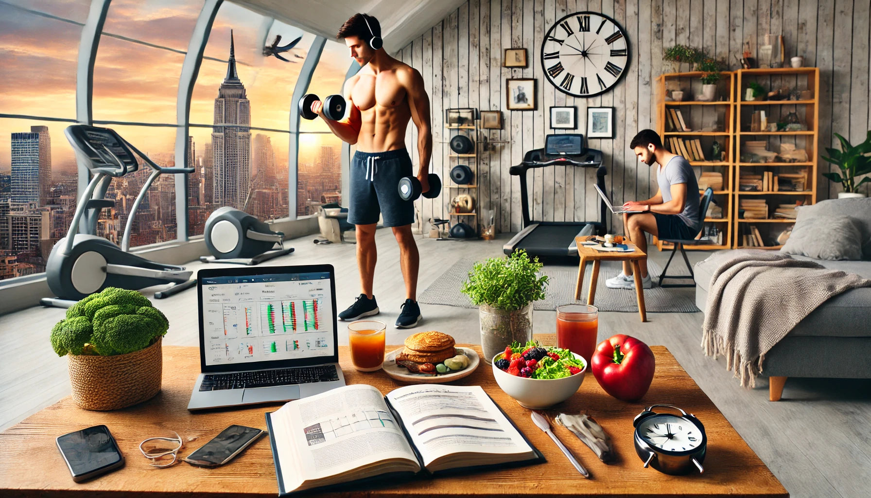 Fitness professional's daily routine: morning workout with dumbbells in a modern home gym, preparing a balanced meal with colorful foods, and learning with a fitness book and laptop tutorial.