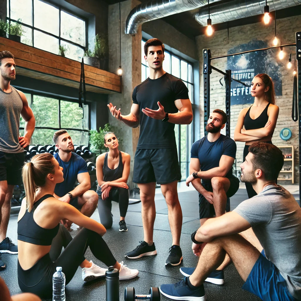 A dedicated fitness professional giving a motivational talk to a small group in a modern gym.