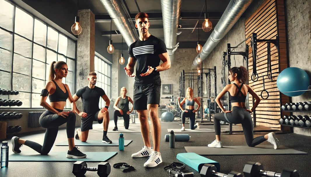 Fitness professional demonstrating exercises to a small group of clients in a modern gym, equipped with dumbbells, resistance bands, and yoga mats.