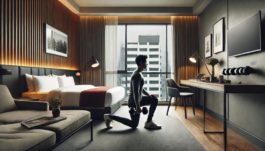 Traveler performing a dumbbell workout in a cozy, modern hotel room with minimalistic decor, featuring a neatly made bed, small desk, and a cityscape view from the window.