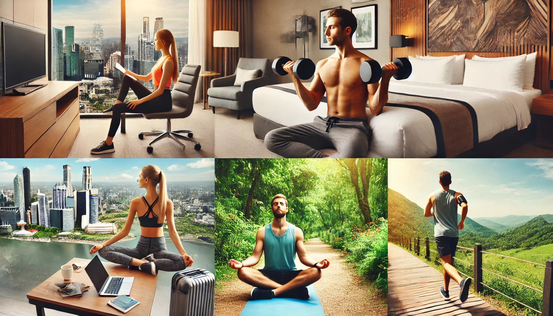 A montage of traveling professionals staying fit while on the go.