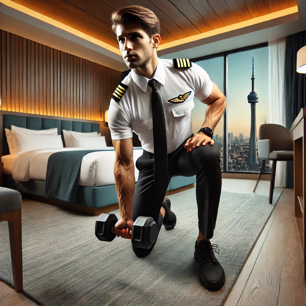 A professional male pilot in workout gear performing a dumbbell bicep curl in a hotel room.